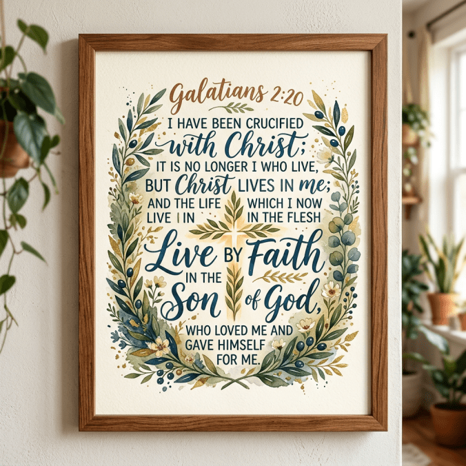Framed artwork of Galatians 2:20 Bible verse with floral wreath and calligraphy
